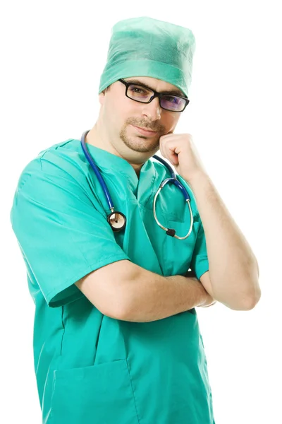 Чоловік думає, що хірург зі стетоскопом на білому тлі — стокове фото