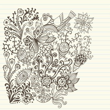 Variety of hand drawn floral doodles on lined paper. clipart