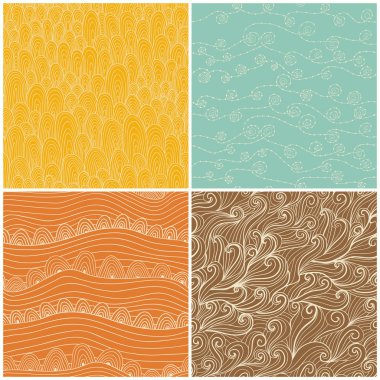 Set of four seamless abstract hand-drawn pattern, waves backgrou clipart