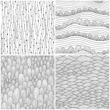 Set of four seamless abstract hand-drawn pattern, waves backgrou clipart