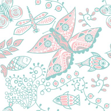 Seamless texture with flowers and butterflies. Endless floral pa clipart