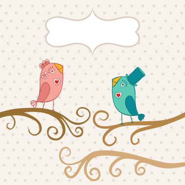 Beautiful birds in love.Illustration of cartoon birds on branch, clipart