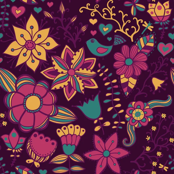 Bezešvá textura s květinami a motýli. nekonečné květinové pa — Stockový vektor