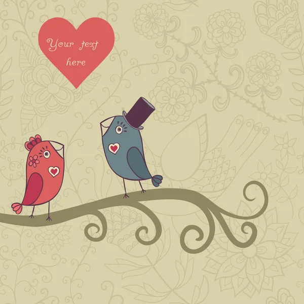 Prachtige vogels in love.illustration van cartoon vogels op tak, — Stockvector