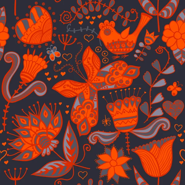 Texture sans couture avec fleur, oiseau et papillon. Infini floral — Image vectorielle
