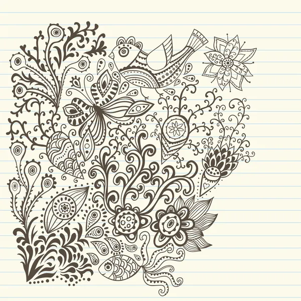 Variety of hand drawn floral doodles on lined paper. — Stock Vector