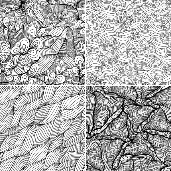 Set of four seamless abstract hand-drawn pattern, waves backgrou