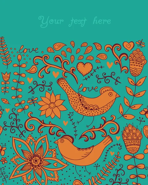 Illustration avec des fleurs, des oiseaux, des cœurs et des papillons. — Image vectorielle