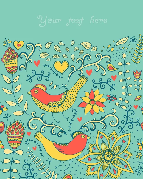 Ilustración con flores, pájaros, corazones y mariposas.Romanti — Vector de stock