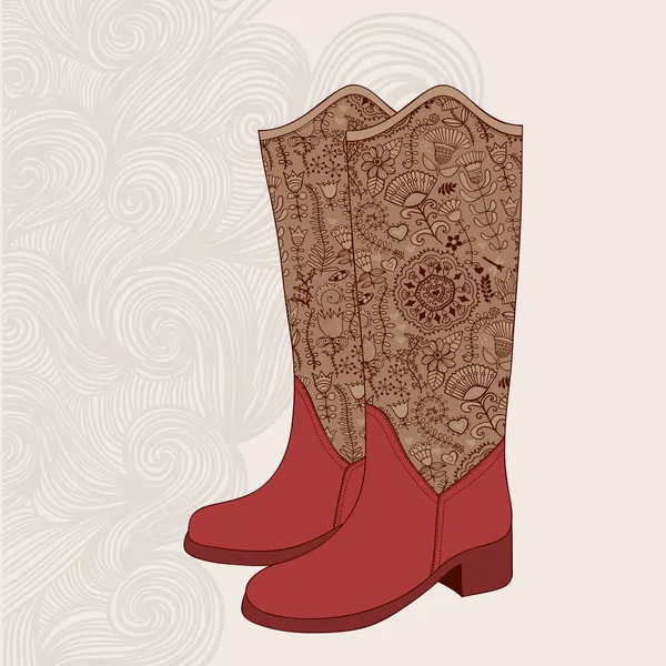 Stivali vintage con tessuto floreale. Stivale da cowboy con ornamento di fiori — Vettoriale Stock