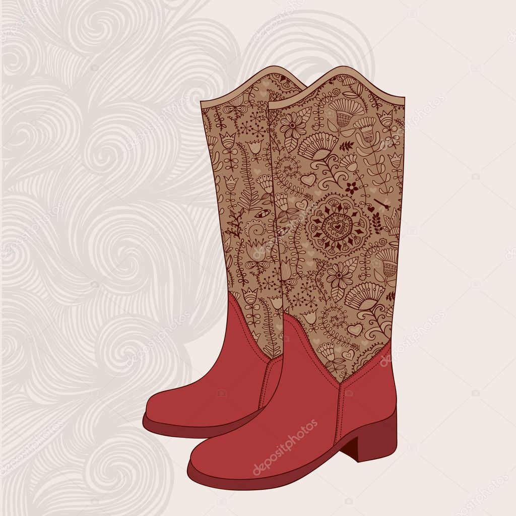 Vintage boots with floral fabric. Cowboy boot with flowers ornam
