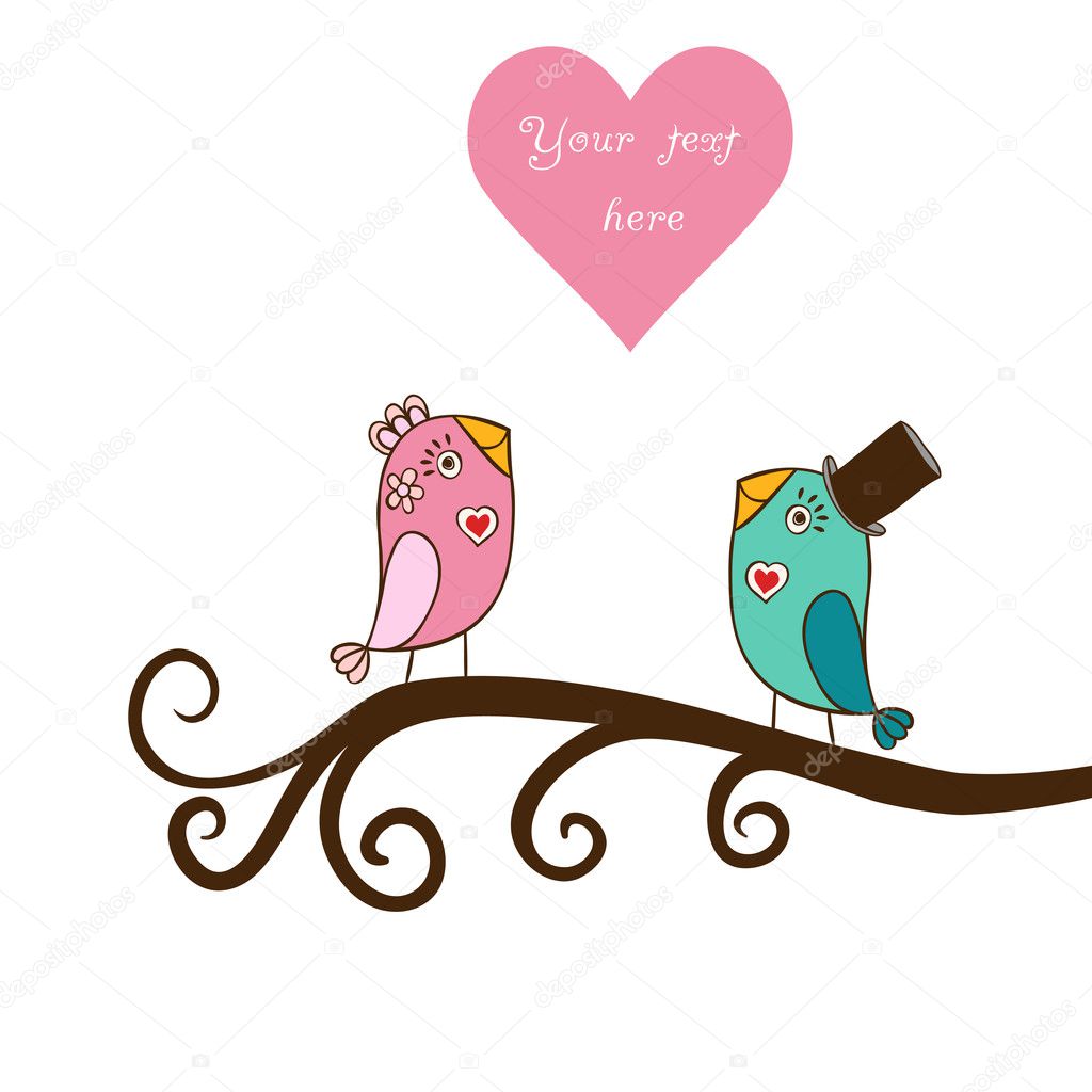 Beautiful birds in love.Illustration of cartoon birds on branch,