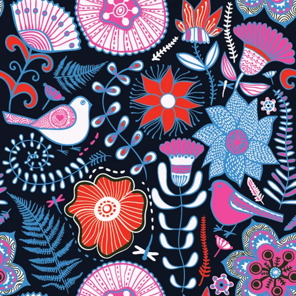 Безшовна текстура з квітами та голубами. Нескінченний квітковий візерунок — стоковий вектор