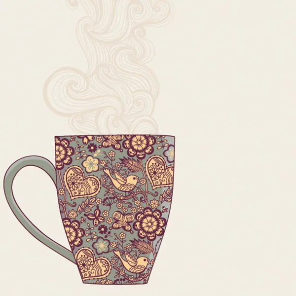 Taza de café y té con patrón floral. Fondo de copa. Drin caliente — Vector de stock