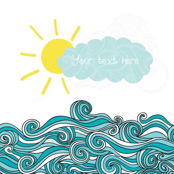 Havet illustration med sol och moln, maritima bakgrund med pl — Stock vektor