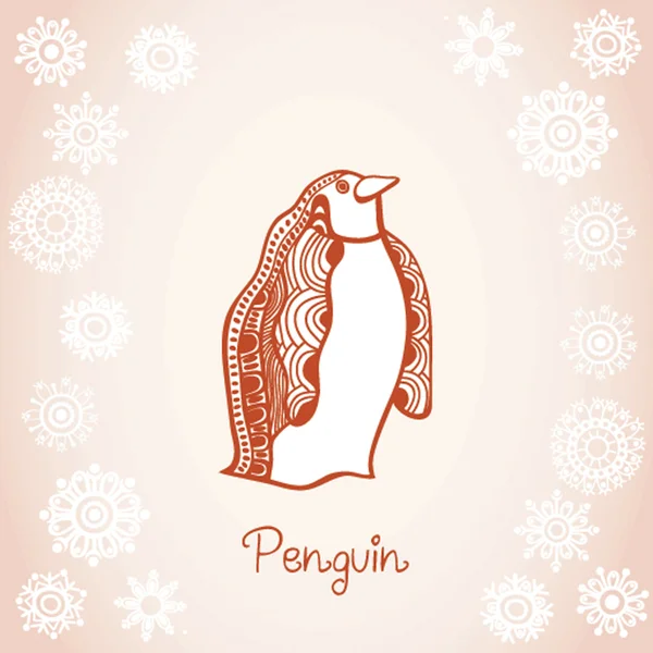 Ilustração cartão de pinguim sob snowfall, desenhado à mão original — Vetor de Stock