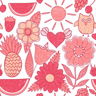 Cute seamless pattern with children's doodle, hand drawn summer clipart