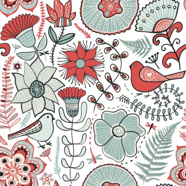 Seamless texture with flowers and pigeons. Endless floral patter clipart