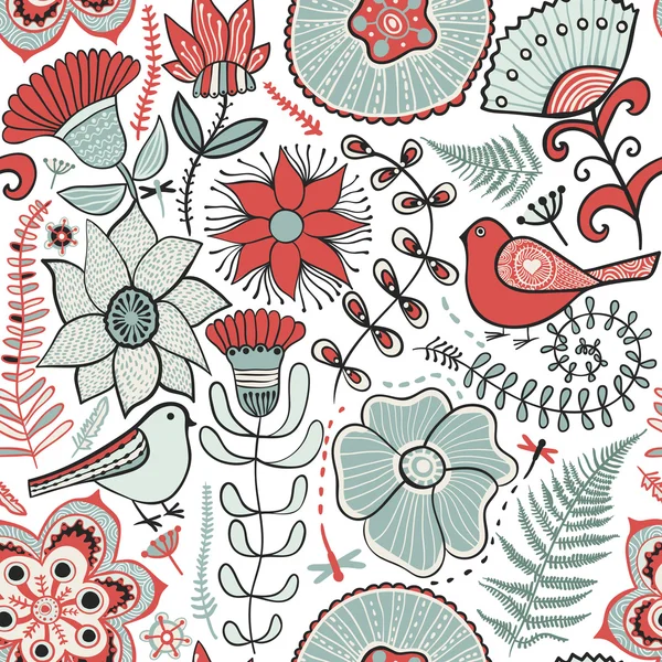 Textura perfecta con flores y palomas. Pateador floral sin fin — Archivo Imágenes Vectoriales