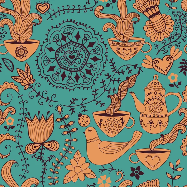 レトロなコーヒーのシームレスなパターン、お茶の背景 — ストックベクタ