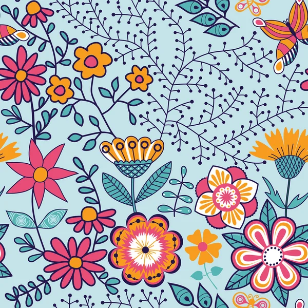 Sømløs tekstur med blomster og sommerfugler. Endeløs blomsterpai – stockvektor