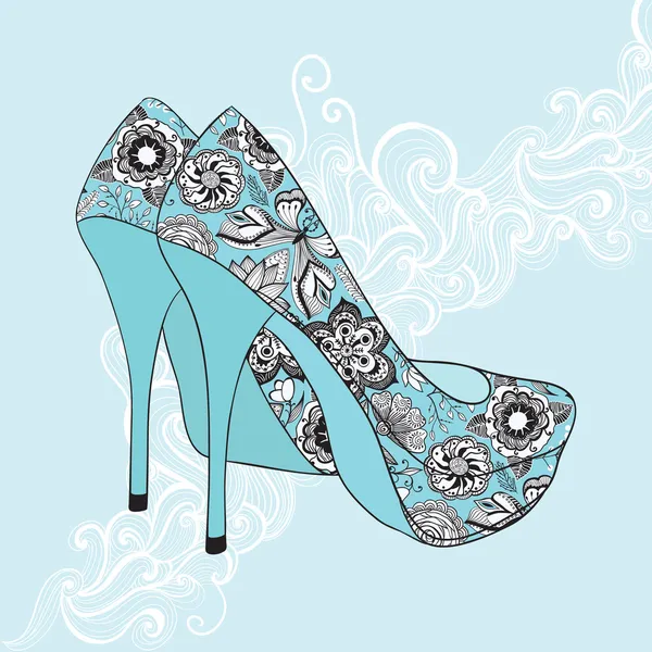A high-heeled vintage shoes with flowers fabric. High heels back — Stock Vector