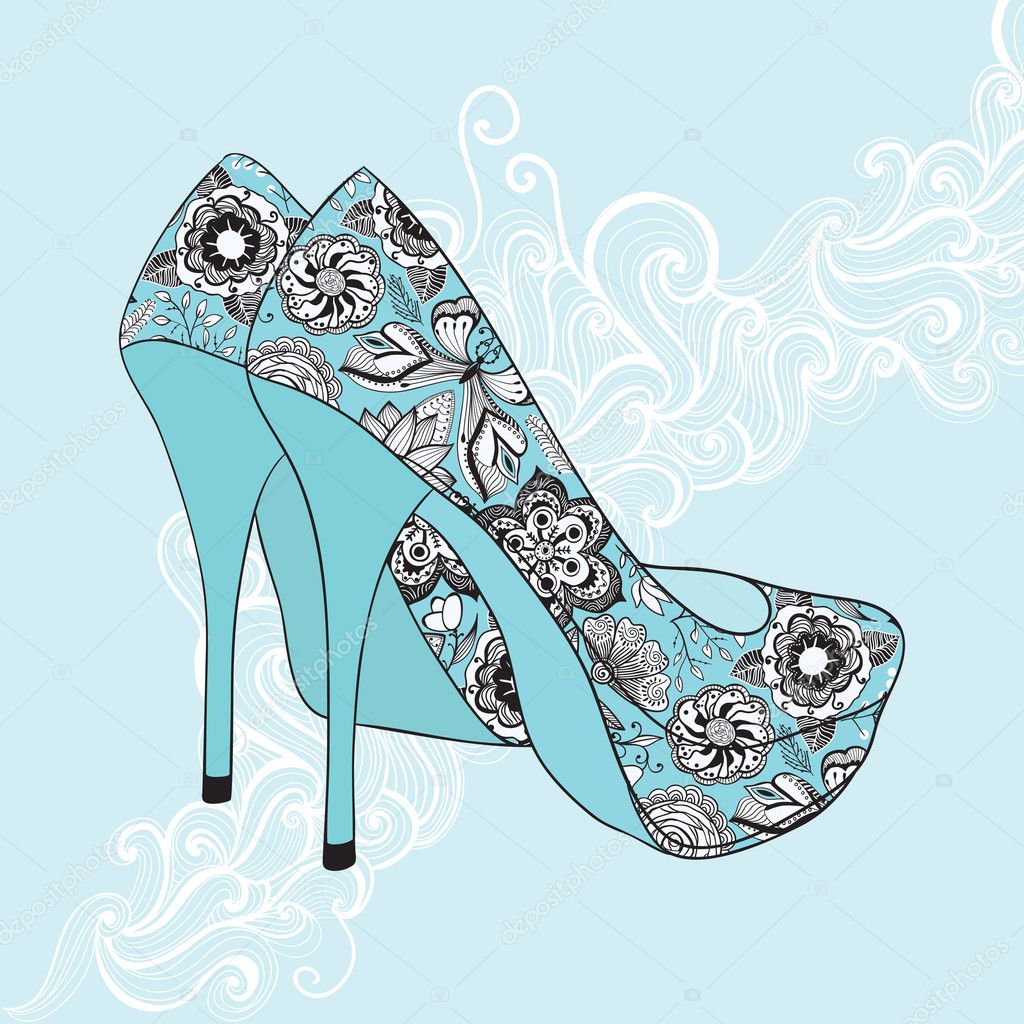 A high-heeled vintage shoes with flowers fabric. High heels back