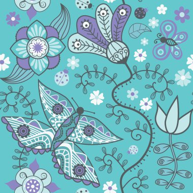 Seamless texture with flowers and butterflies. Endless floral pa clipart