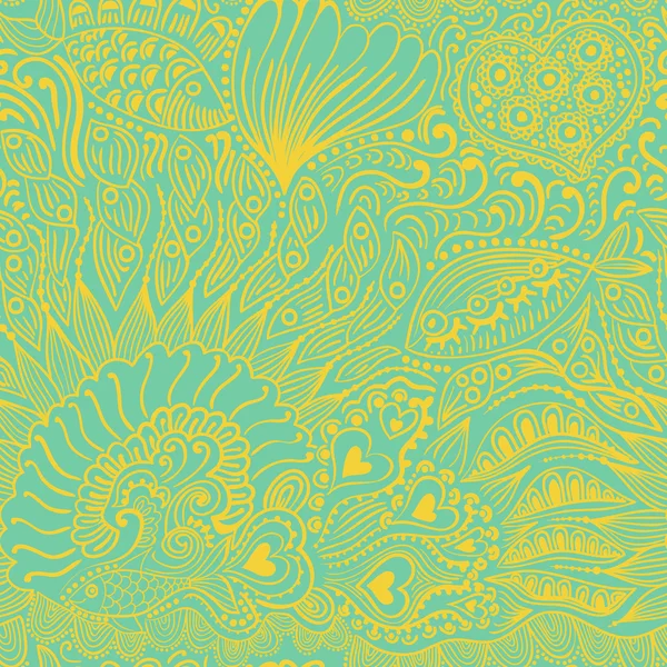 Абстрактна безшовна текстура з рибою, серцями, квітами. Нескінченний фон . — стоковий вектор