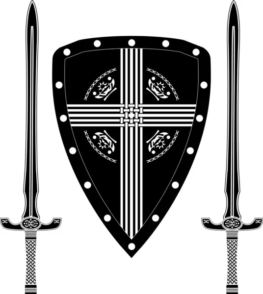 ファンタジーの盾とのヨーロッパの武士の剣 — ストックベクタ