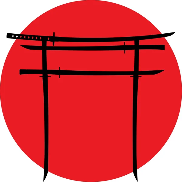 Silueta de puerta torii con espadas japonesas — Vector de stock