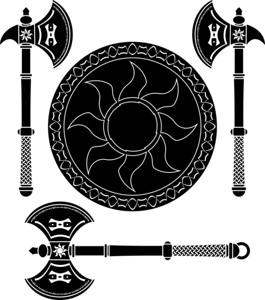 Escudo de fantasía y espadas de vikingos — Vector de stock