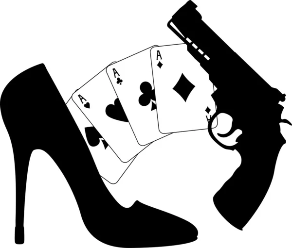 カード、ピストル、女性の靴 — ストックベクタ