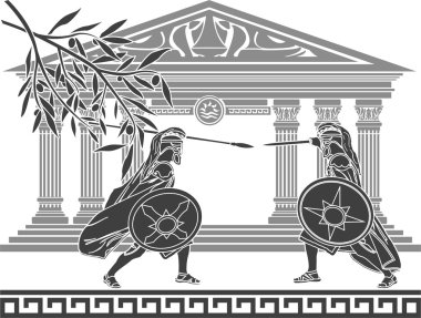 Greek warriors and temple clipart