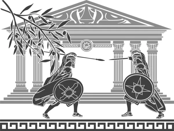 Воїни грецького і храм — стоковий вектор