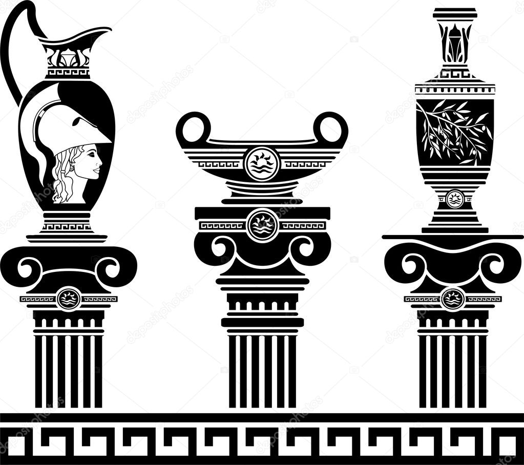 Set of hellenic vases and ionic columns