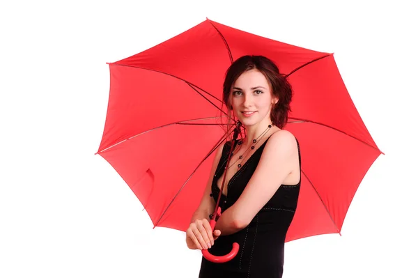 Mujer en vestido negro, sostenga paraguas rojo — Foto de Stock