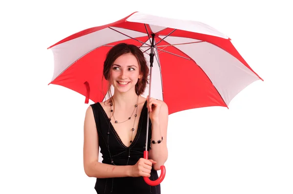 Mulher de vestido preto, guarda guarda-chuva vermelho — Fotografia de Stock