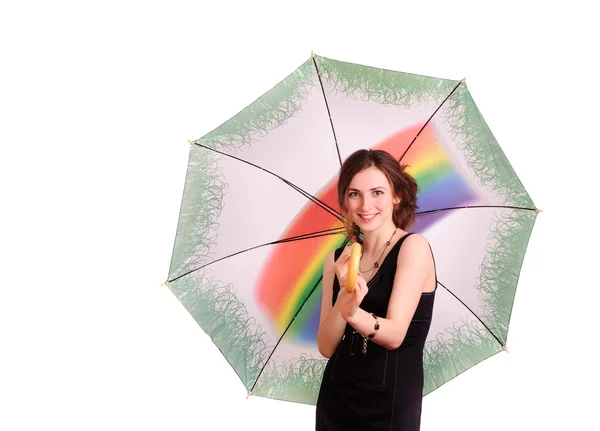 Žena v černých šatech, drží deštník — Stock fotografie