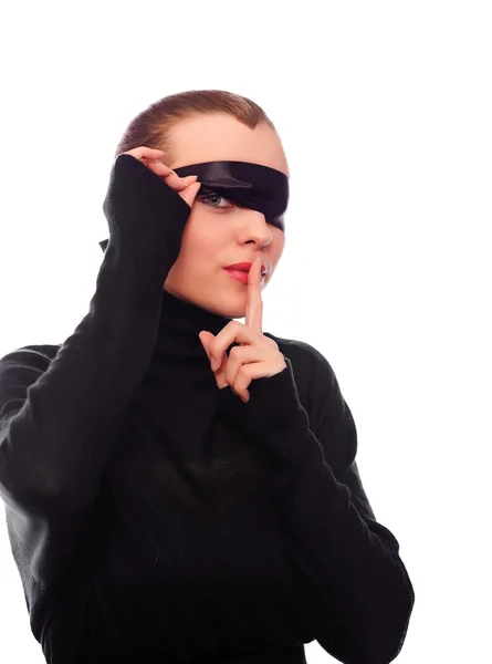 Woman with black ribbon on eyes — Stock Photo, Image