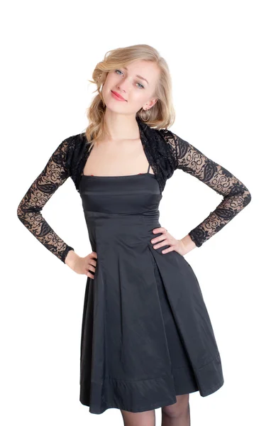 Blondin i en svart klänning — Stockfoto
