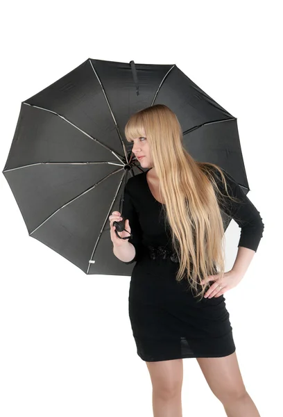 Bionda con ombrello nero — Foto Stock
