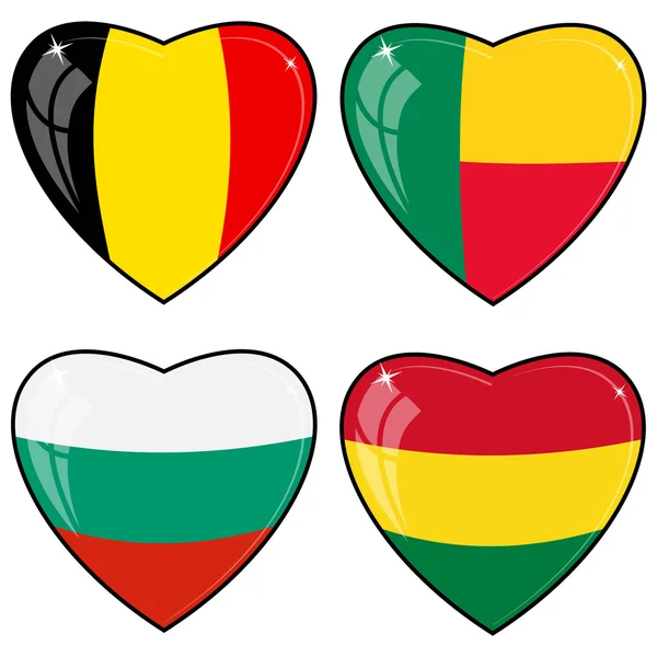 Набор векторных изображений сердец с флагами Бельгии, Бенин , — стоковый вектор