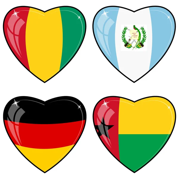 Conjunto de imágenes vectoriales de corazones con las banderas de Alemania, Guatem — Vector de stock
