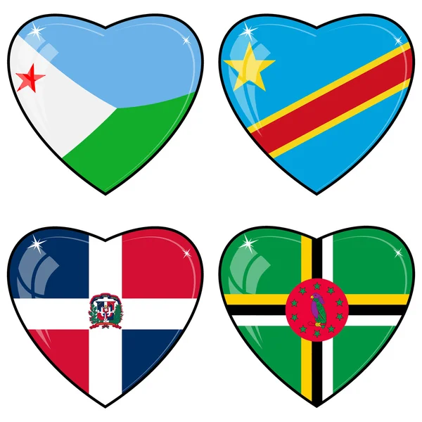 Ensemble d'images vectorielles de cœurs avec les drapeaux du Congo, Djibouti — Image vectorielle