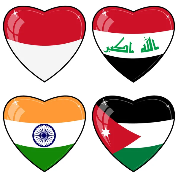 Conjunto de imágenes vectoriales de corazones con las banderas de la India, Indones — Vector de stock