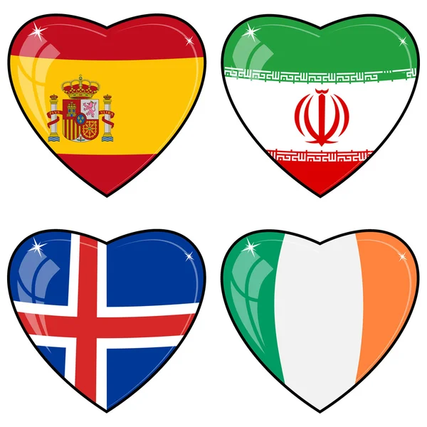 Uppsättning vektorbilder hjärtan med flaggor av iran, Irland, — Stock vektor