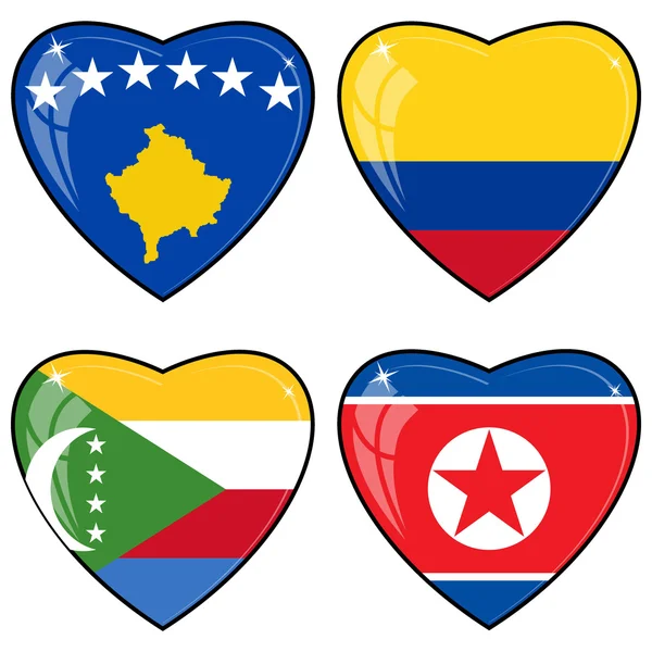 Set of vector images of hearts with the flags of Korea, Colombia — Stock Vector