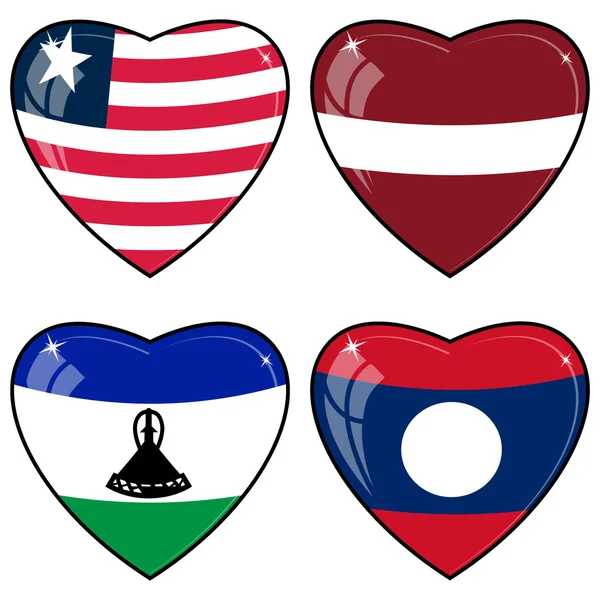 Conjunto de imágenes vectoriales de corazones con las banderas de Laos, Letonia, L — Vector de stock
