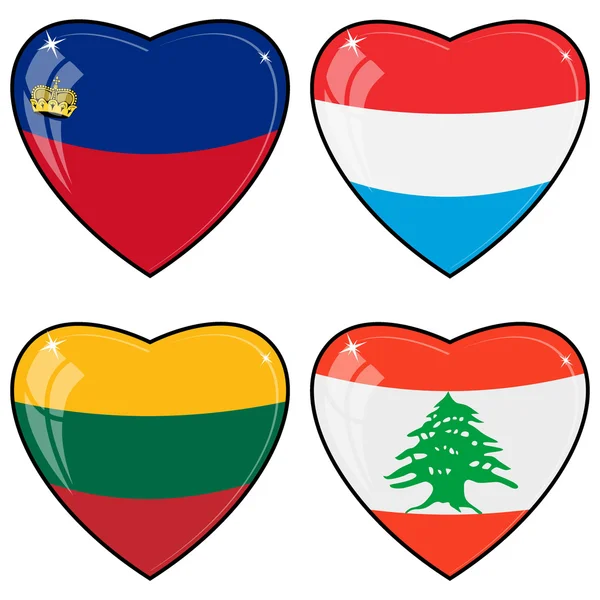Conjunto de imágenes vectoriales de corazones con las banderas del Líbano, Luxem — Vector de stock